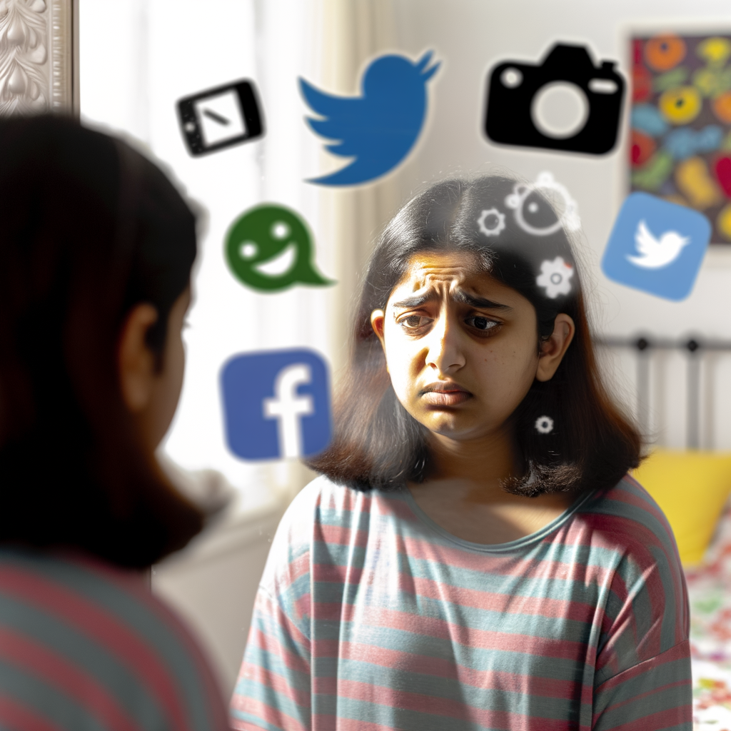 Teenagerin checkt ihr Aussehen im Spiegel mit Social Media Einflüssen