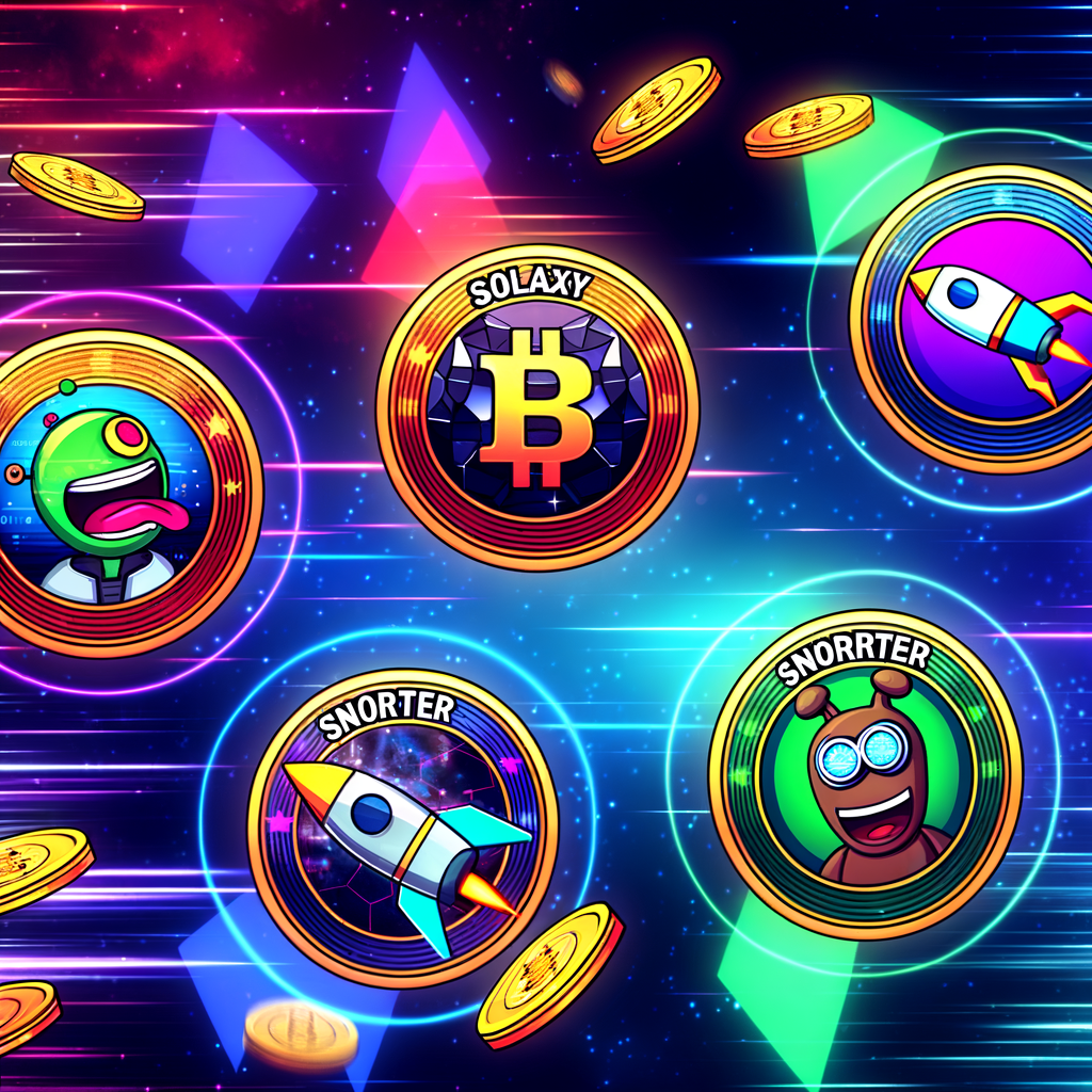 Verschiedene Meme Coins mit futuristischen und verspielten Elementen