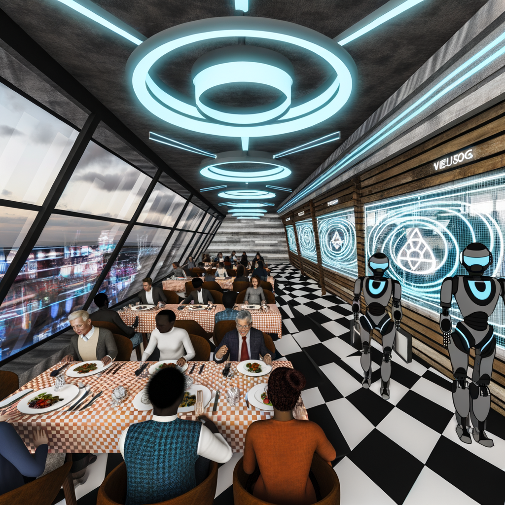 Futuristisches Restaurant mit technologischen und klassischen Elementen