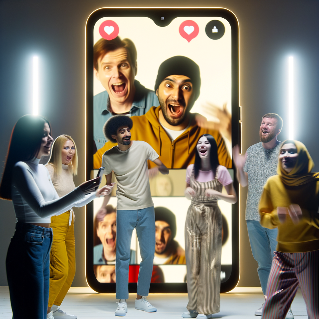 Menschen, die TikTok-Videos erstellen, vor riesigem Bildschirm.