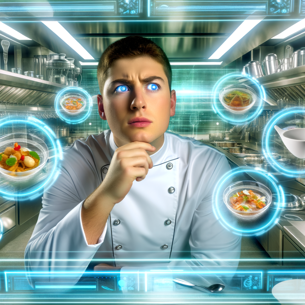 Futuristische Gastronomie-Szene mit einem jungen Küchenchef.