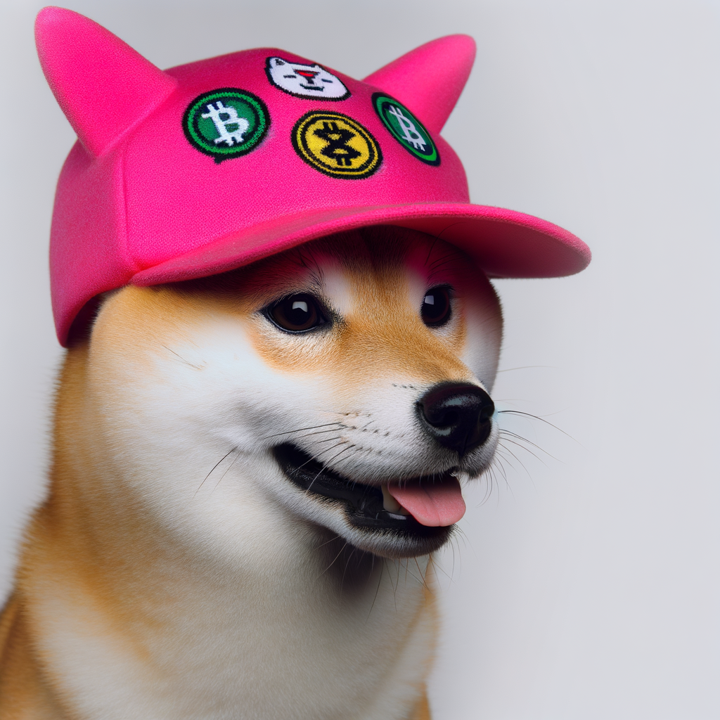 Shiba Inu mit pinkem Hut als Symbol für dogwifhat Memecoin