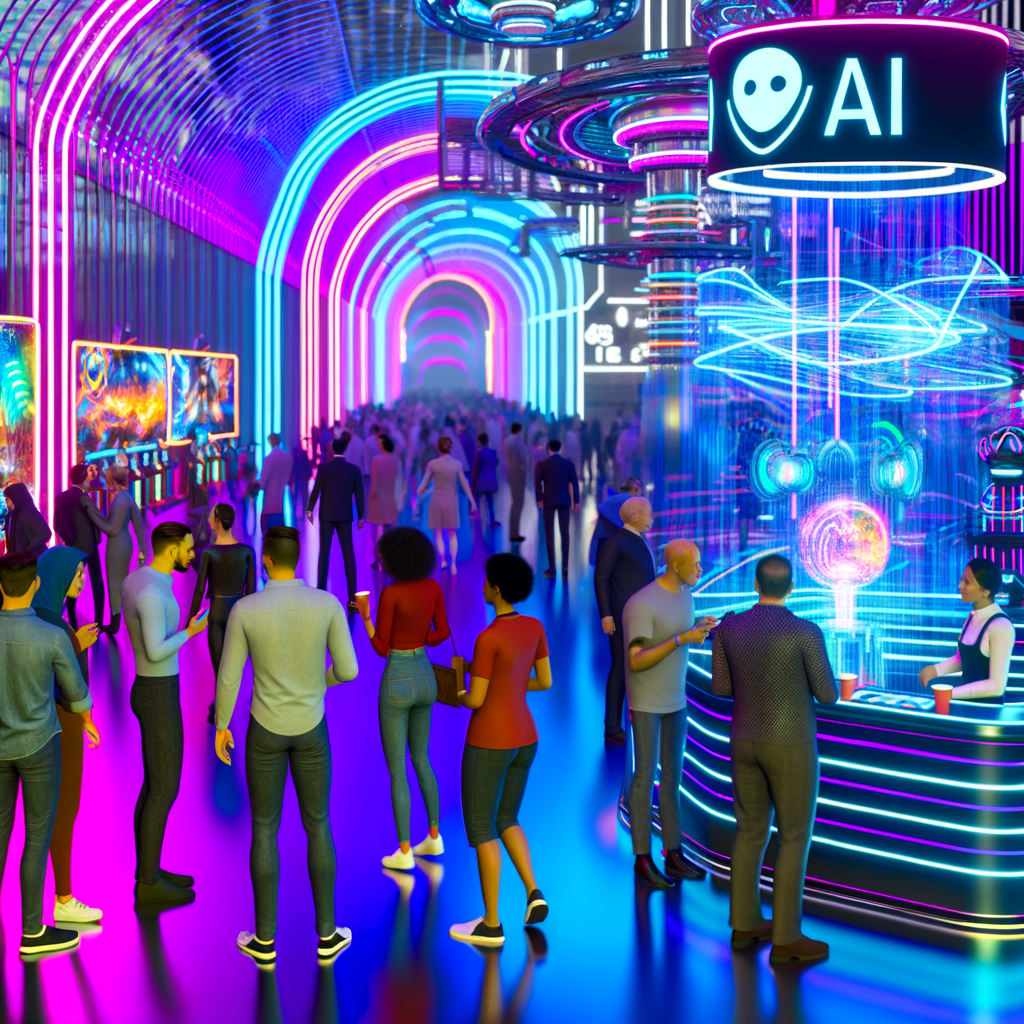 Besucher auf einer futuristischen Messe mit KI-Themen.
