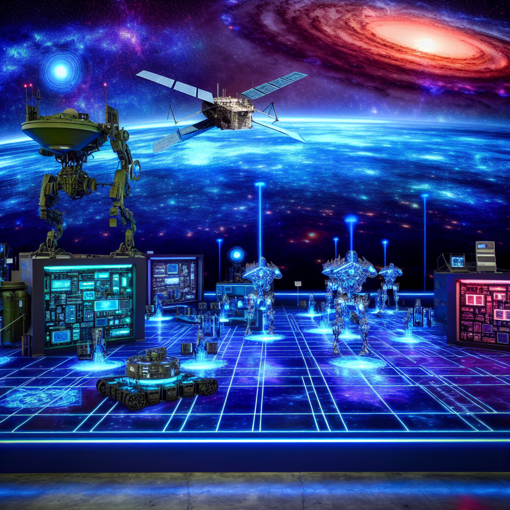 Ein futuristisches Schlachtfeld mit verteidigungsfähigen Systemen und autonomen Robotern.