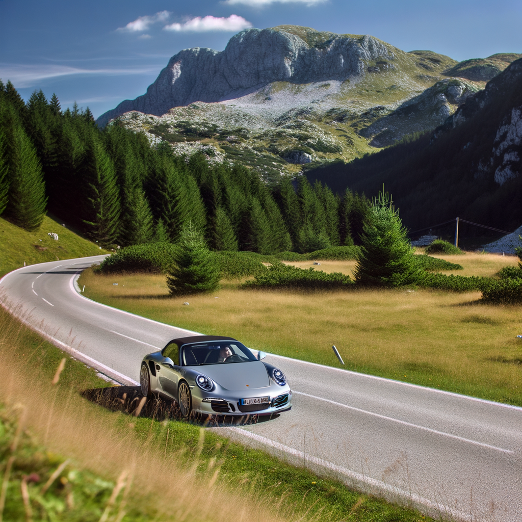 Porsche auf einer malerischen Straße vor Bergkulisse