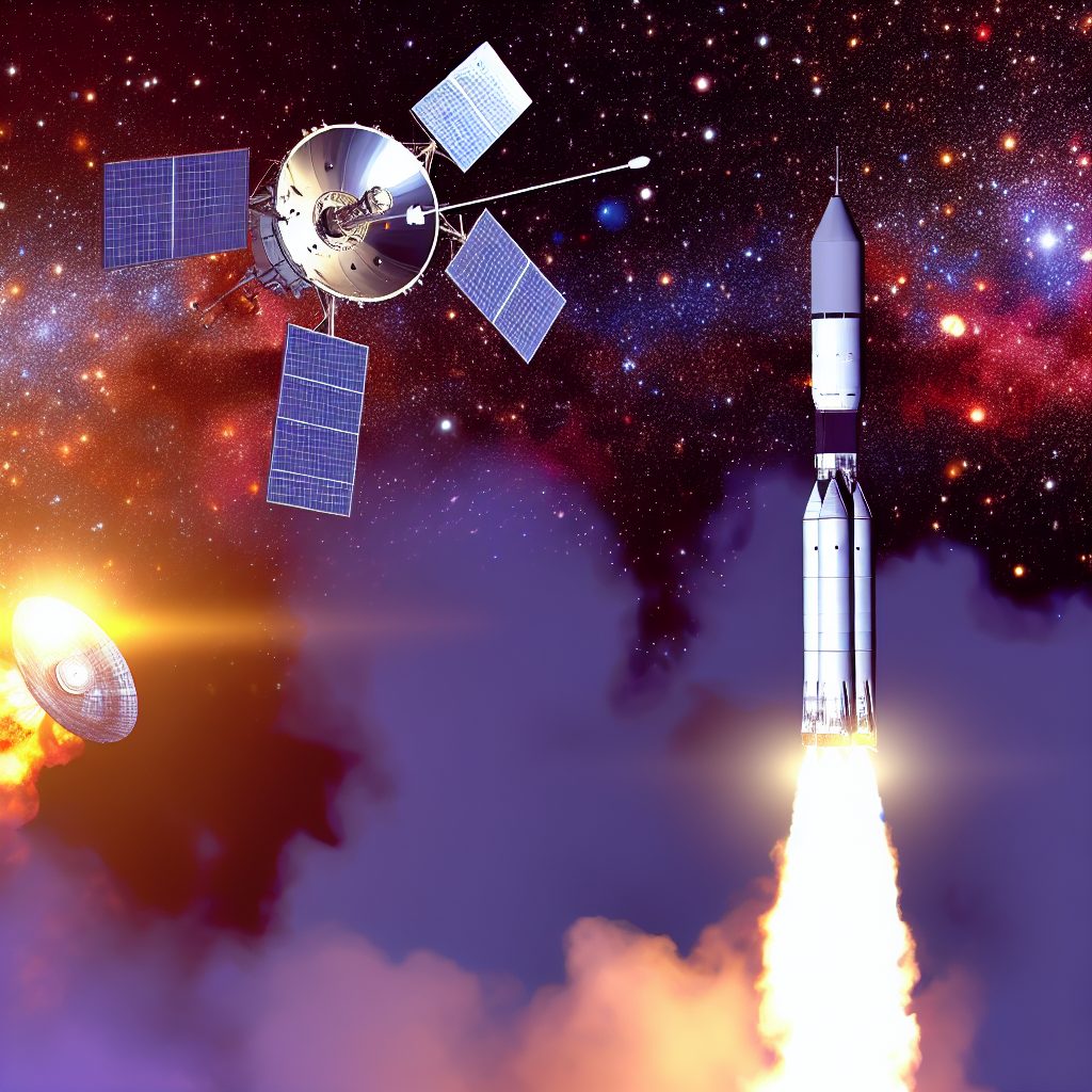 Illustration von Raketen und Satelliten im Weltall.