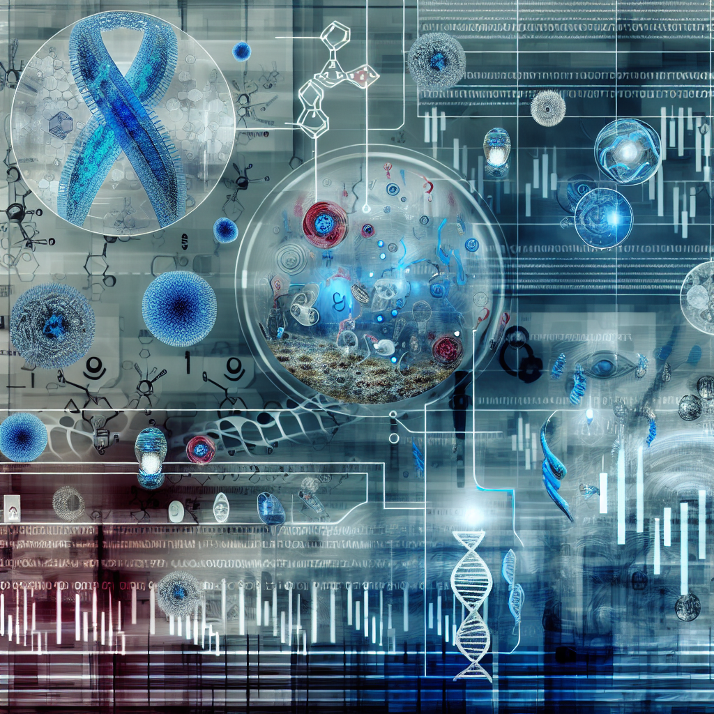 Futuristische Darstellung eines Labors mit KI-Elementen, die neue Antibiotika entdecken, umgeben von digitalen Symbolen, die Biotechnologie und Börsenmärkte darstellen.