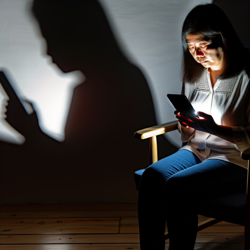 Person in einem dunklen Raum, beleuchtet vom Smartphone